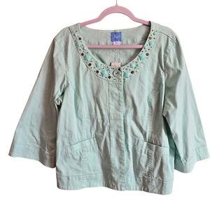 NWT Lark LANE Lightweight Embellished Aqua Green 3/4sleeves Jacket Plus 18